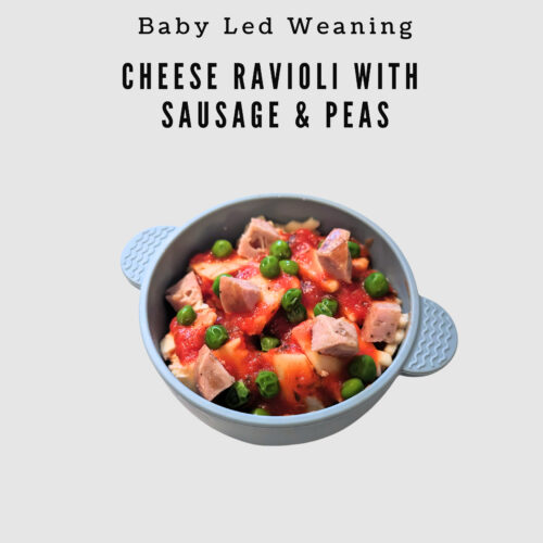 Baby Led Weaning Cheese Ravioli with Sausage & Peas